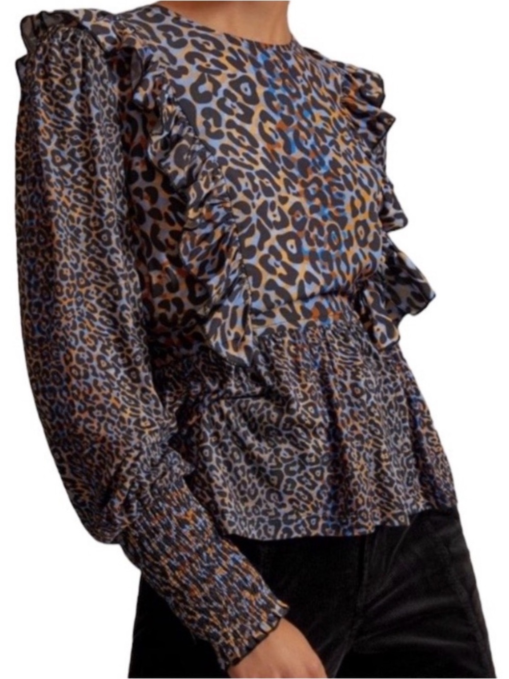 Anthropologie Bl^nk London XS Moira Ruffled Peplum Smocked Top Leopard Print